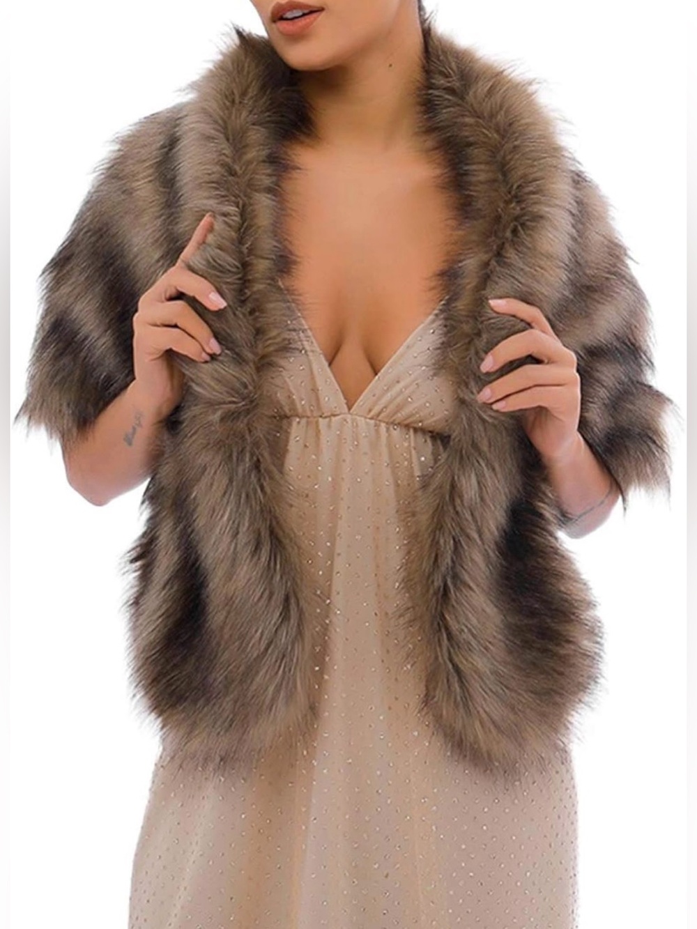 Lux Faux Fur Shrug Wrap in Taupe